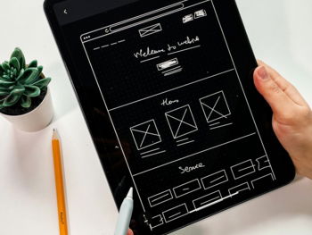 person holding black ipad with green plant